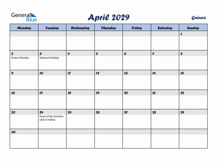 April 2029 Calendar with Holidays in Guinea