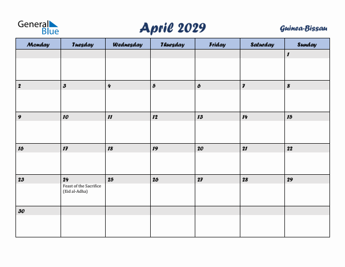 April 2029 Calendar with Holidays in Guinea-Bissau