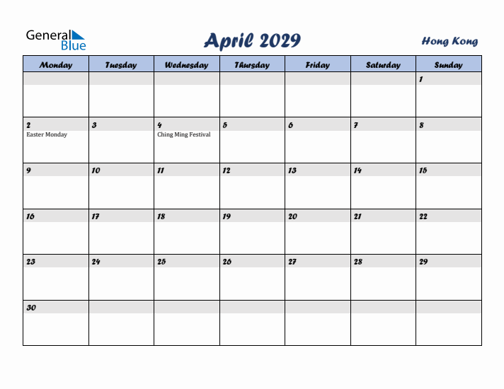 April 2029 Calendar with Holidays in Hong Kong