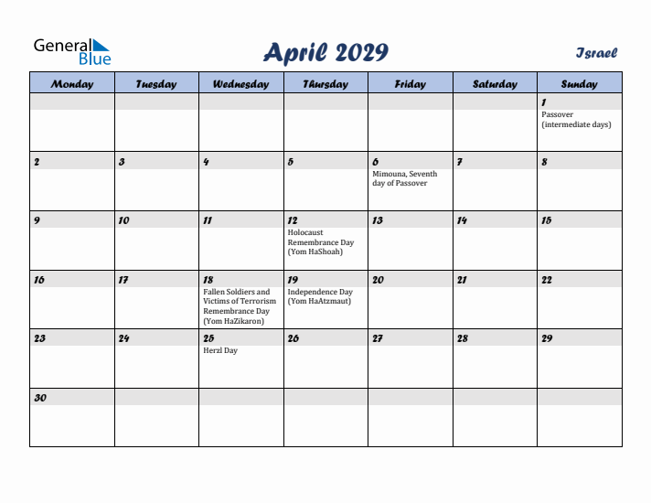 April 2029 Calendar with Holidays in Israel