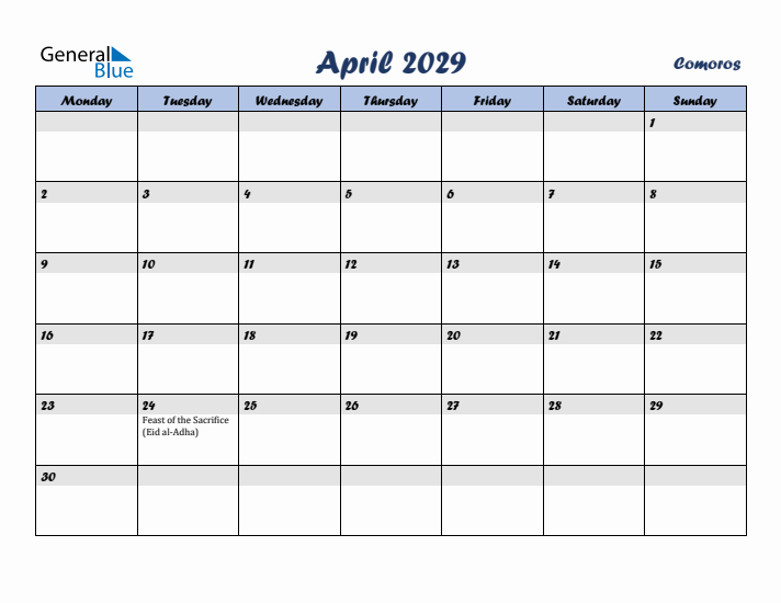 April 2029 Calendar with Holidays in Comoros