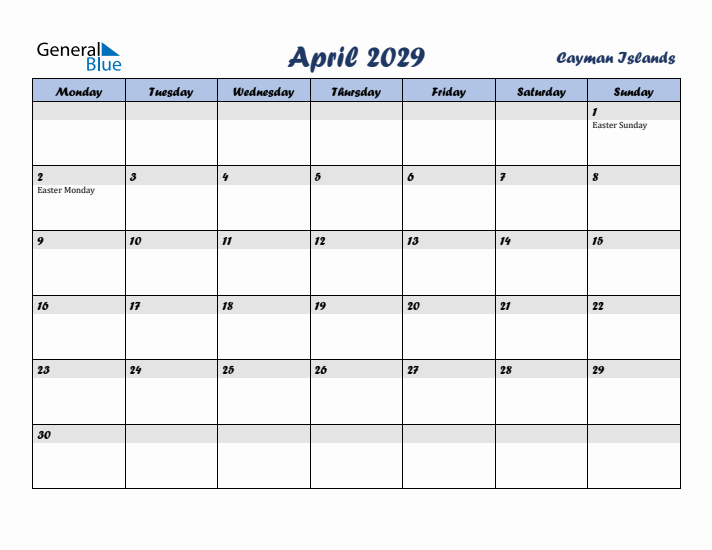 April 2029 Calendar with Holidays in Cayman Islands