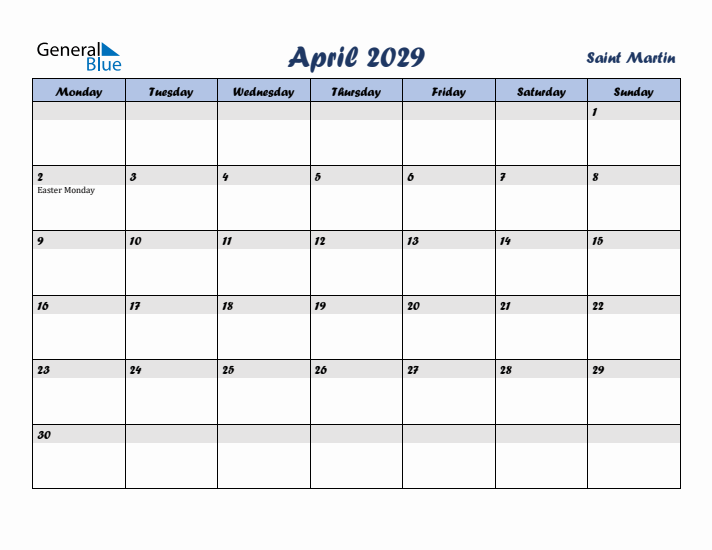 April 2029 Calendar with Holidays in Saint Martin