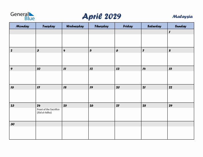 April 2029 Calendar with Holidays in Malaysia