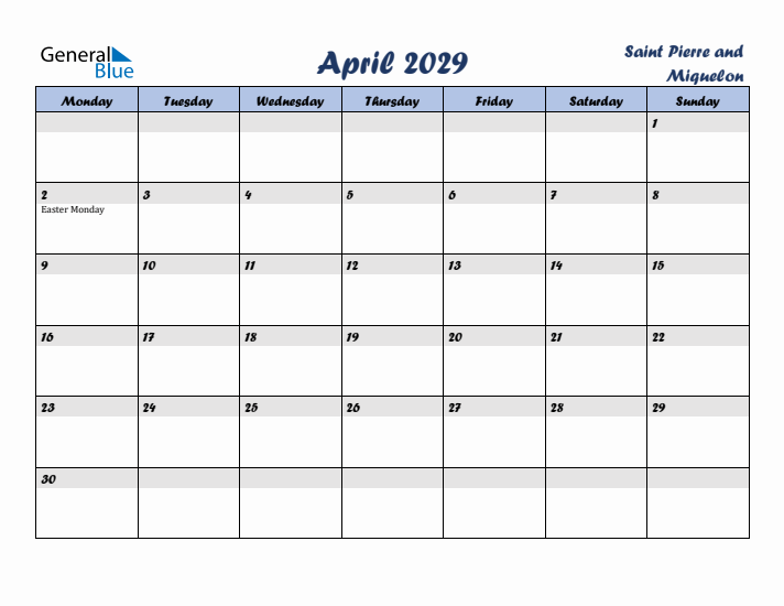 April 2029 Calendar with Holidays in Saint Pierre and Miquelon
