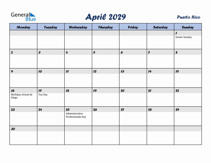 April 2029 Calendar with Holidays in Puerto Rico