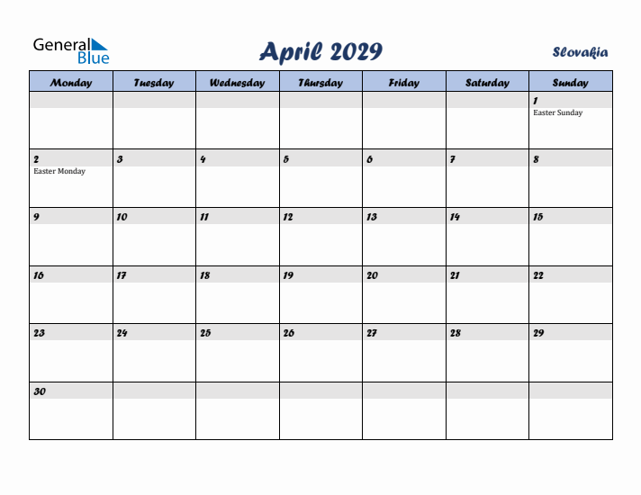 April 2029 Calendar with Holidays in Slovakia