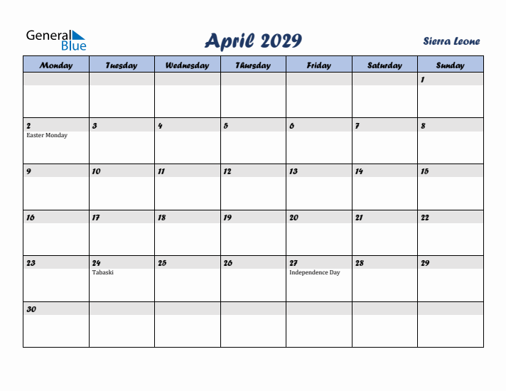 April 2029 Calendar with Holidays in Sierra Leone