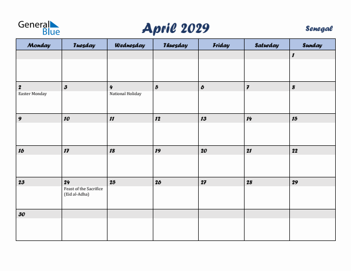 April 2029 Calendar with Holidays in Senegal