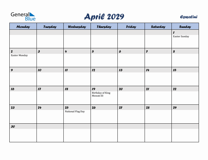 April 2029 Calendar with Holidays in Eswatini