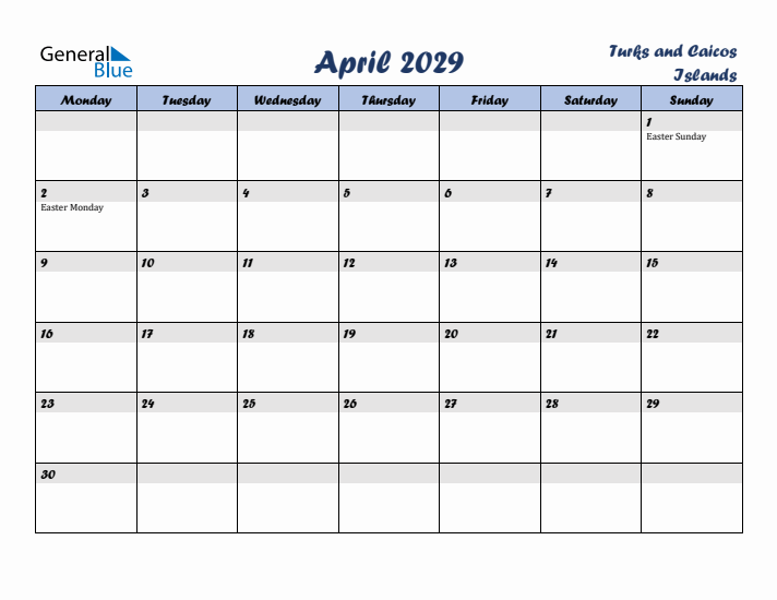 April 2029 Calendar with Holidays in Turks and Caicos Islands