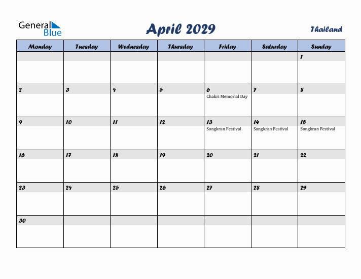 April 2029 Calendar with Holidays in Thailand