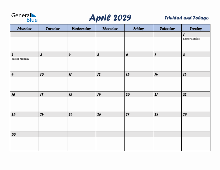 April 2029 Calendar with Holidays in Trinidad and Tobago