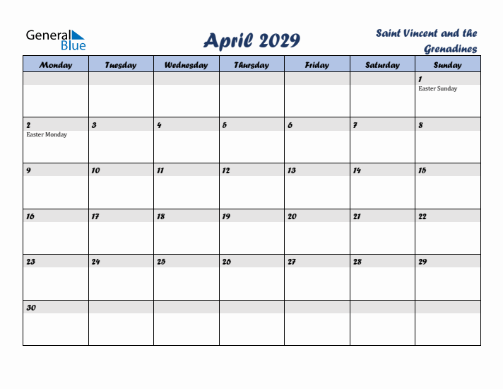 April 2029 Calendar with Holidays in Saint Vincent and the Grenadines