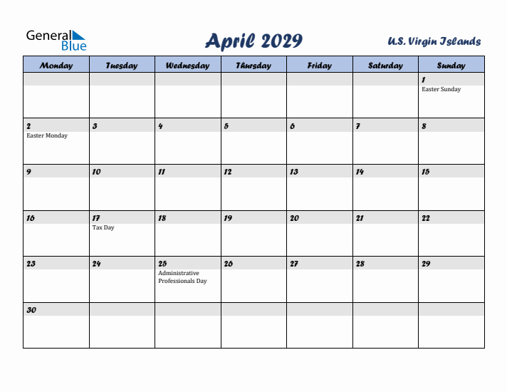 April 2029 Calendar with Holidays in U.S. Virgin Islands