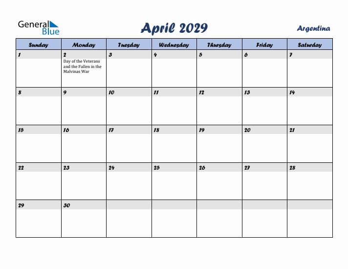 April 2029 Calendar with Holidays in Argentina