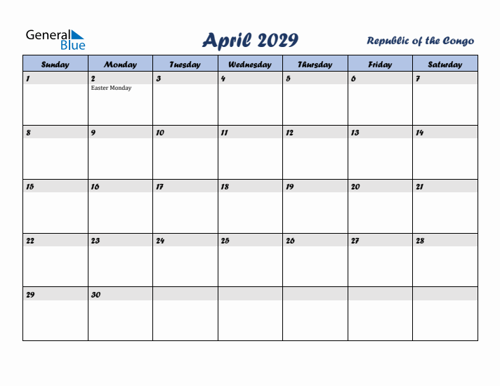 April 2029 Calendar with Holidays in Republic of the Congo