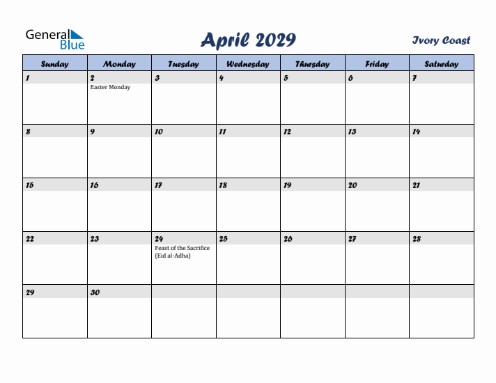 April 2029 Calendar with Holidays in Ivory Coast