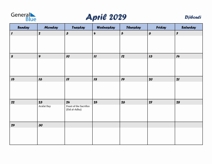 April 2029 Calendar with Holidays in Djibouti