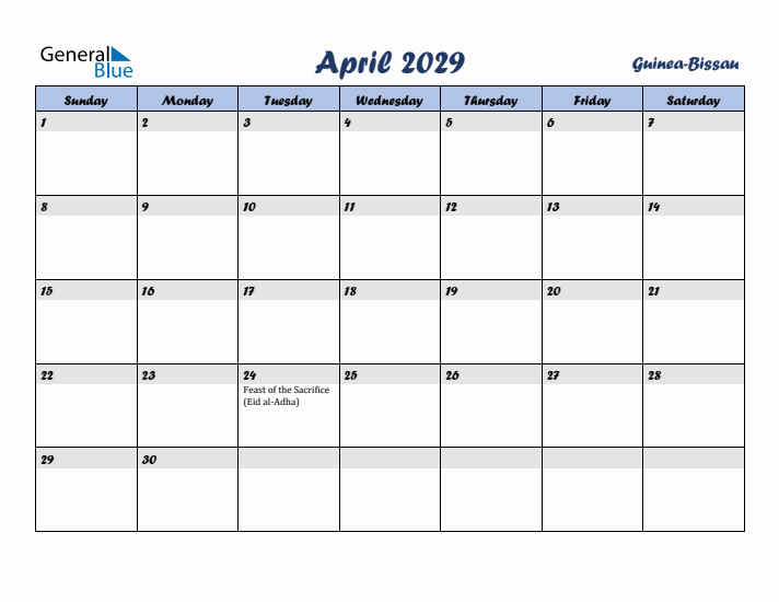 April 2029 Calendar with Holidays in Guinea-Bissau