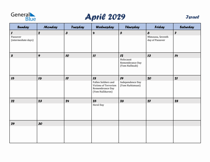 April 2029 Calendar with Holidays in Israel