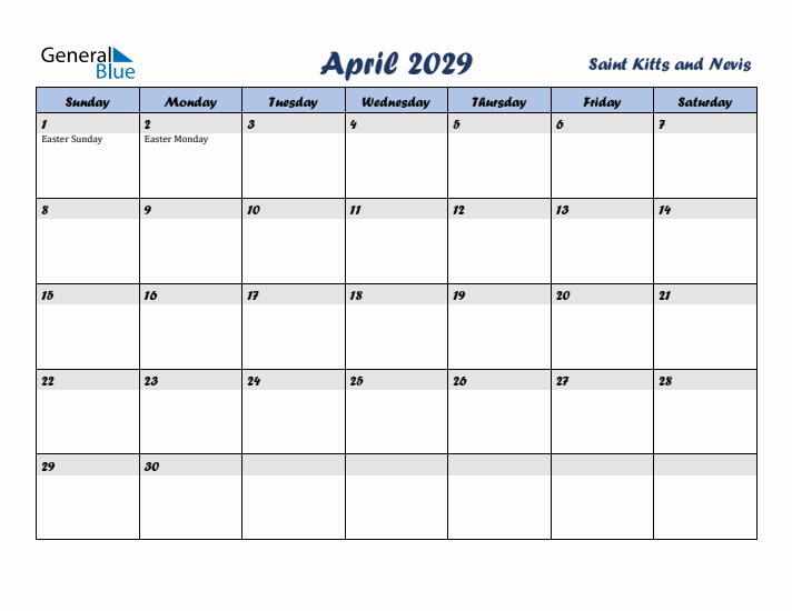April 2029 Calendar with Holidays in Saint Kitts and Nevis