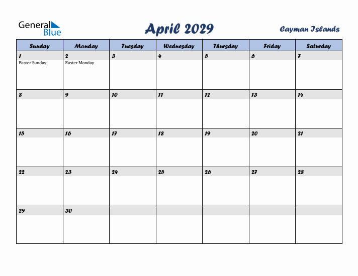 April 2029 Calendar with Holidays in Cayman Islands