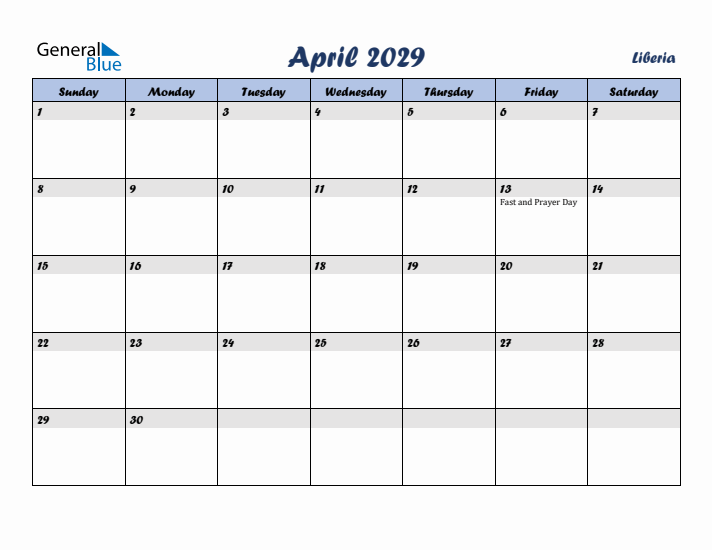 April 2029 Calendar with Holidays in Liberia