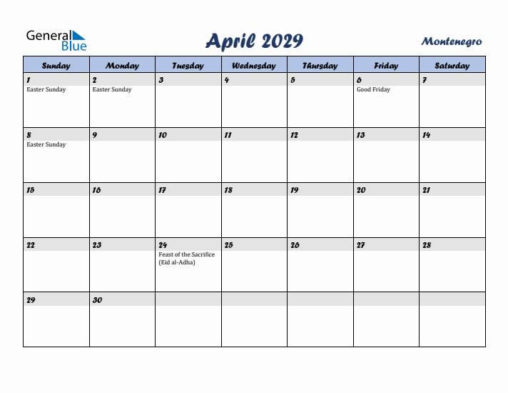 April 2029 Calendar with Holidays in Montenegro