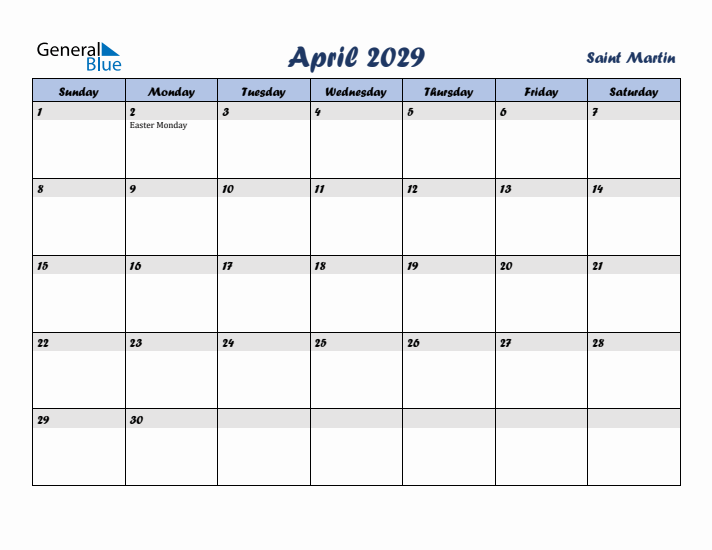 April 2029 Calendar with Holidays in Saint Martin