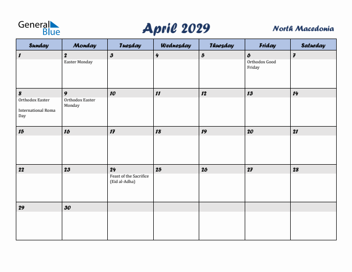 April 2029 Calendar with Holidays in North Macedonia