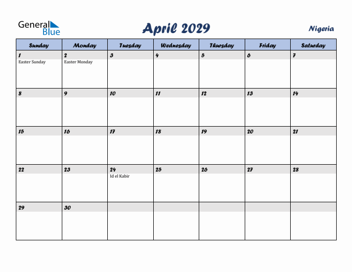 April 2029 Calendar with Holidays in Nigeria