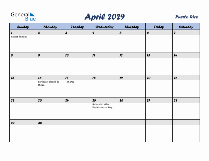 April 2029 Calendar with Holidays in Puerto Rico