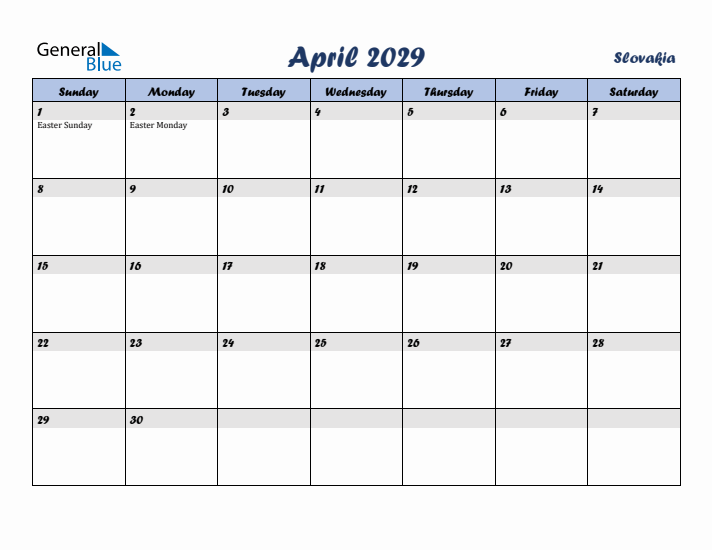 April 2029 Calendar with Holidays in Slovakia