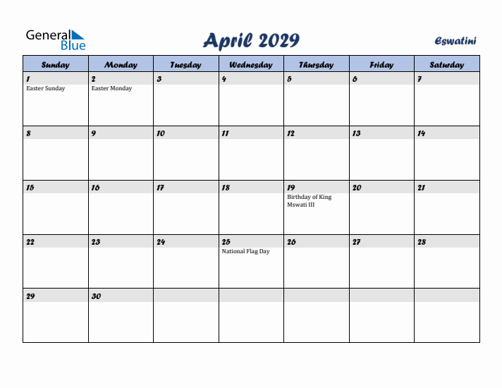 April 2029 Calendar with Holidays in Eswatini