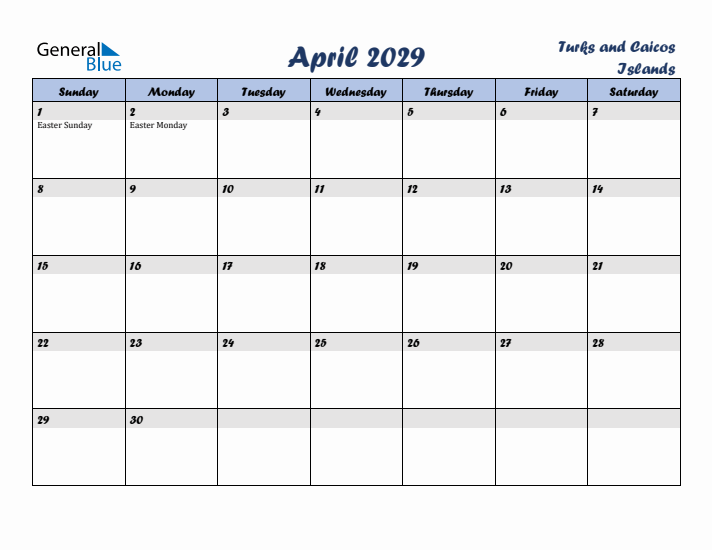 April 2029 Calendar with Holidays in Turks and Caicos Islands