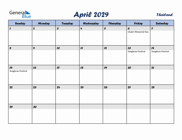 April 2029 Calendar with Holidays in Thailand