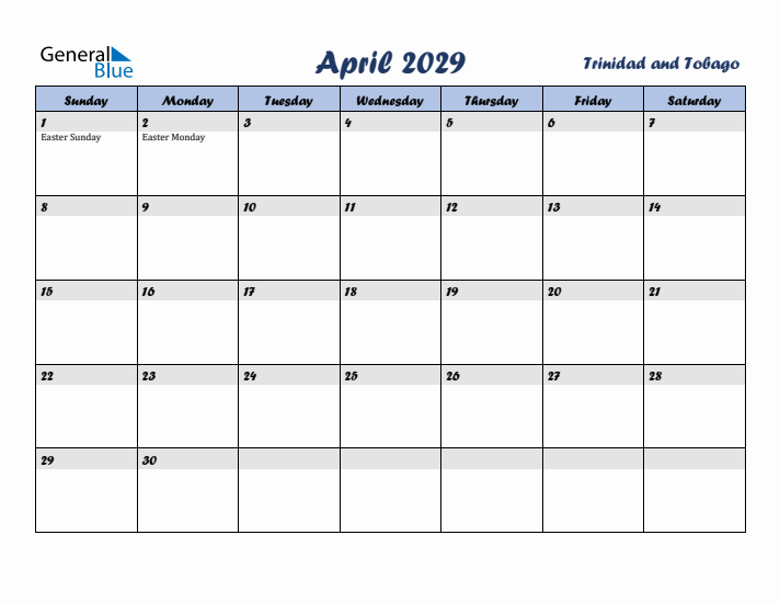 April 2029 Calendar with Holidays in Trinidad and Tobago