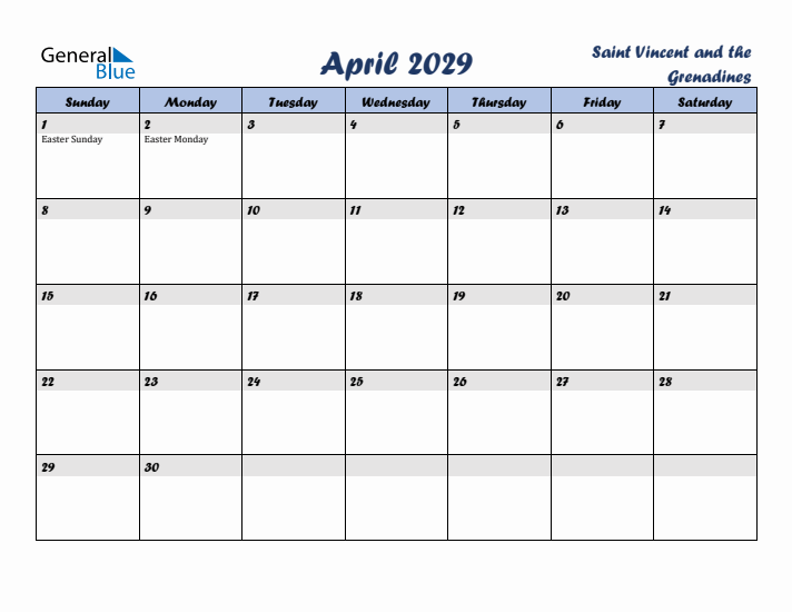 April 2029 Calendar with Holidays in Saint Vincent and the Grenadines