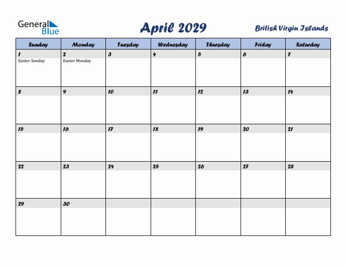 April 2029 Calendar with Holidays in British Virgin Islands