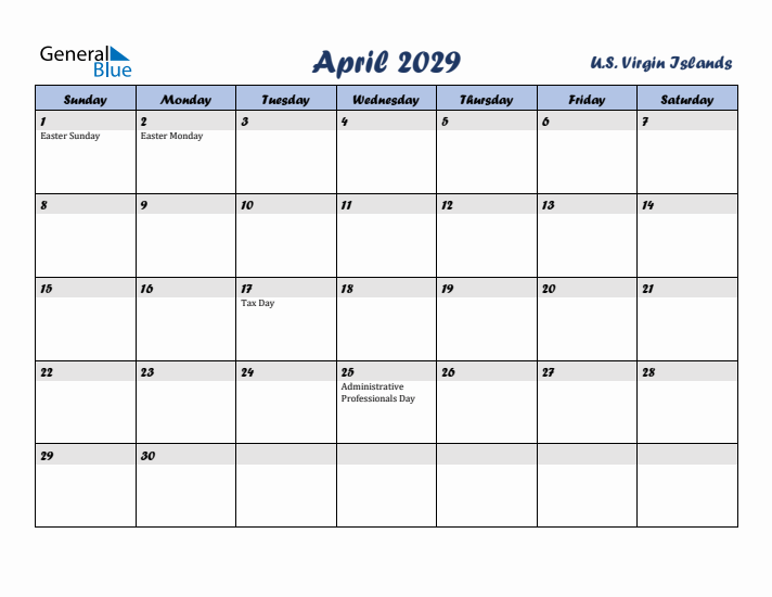 April 2029 Calendar with Holidays in U.S. Virgin Islands