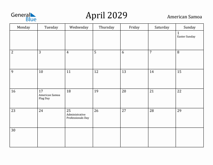 April 2029 Calendar American Samoa