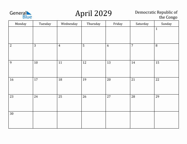 April 2029 Calendar Democratic Republic of the Congo