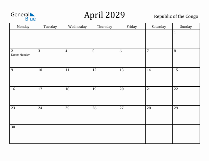 April 2029 Calendar Republic of the Congo