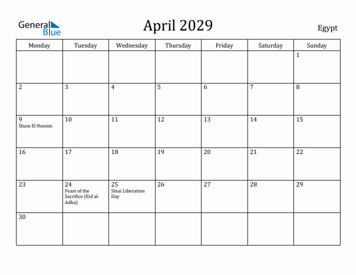April 2029 Calendar Egypt