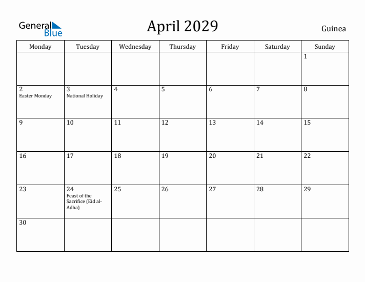 April 2029 Calendar Guinea