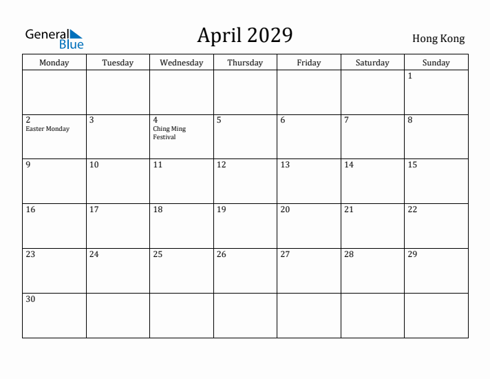 April 2029 Calendar Hong Kong