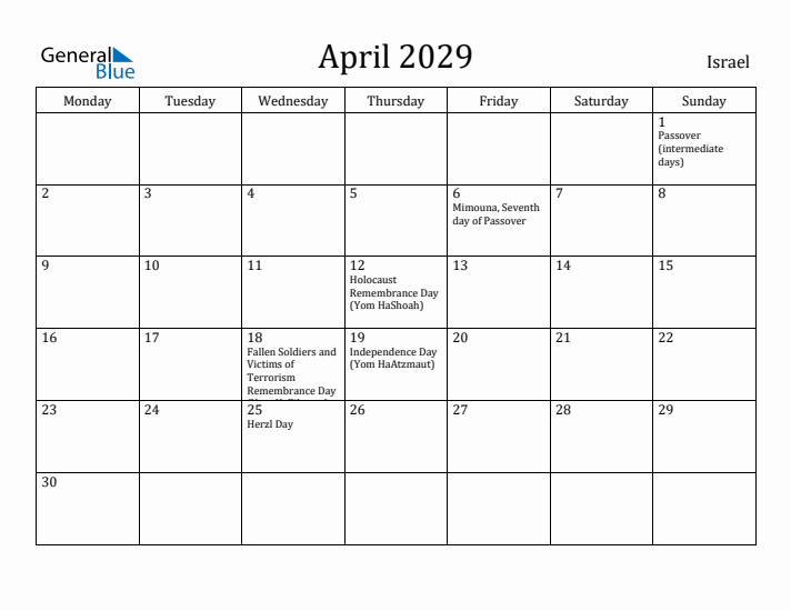April 2029 Calendar Israel