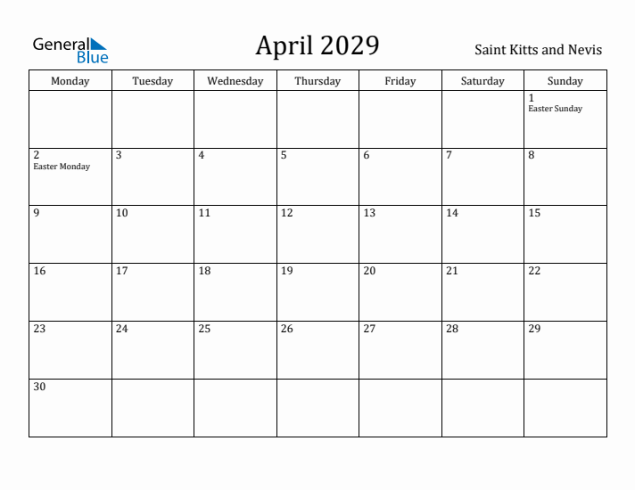 April 2029 Calendar Saint Kitts and Nevis