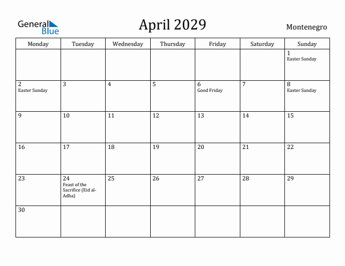 April 2029 Calendar Montenegro